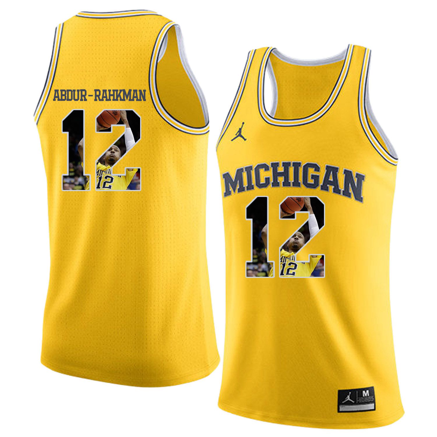 Men Jordan University of Michigan Basketball Yellow #12 Abdur-Rahkman Fashion Edition Customized NCAA Jerseys->customized ncaa jersey->Custom Jersey